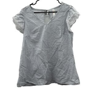 Gilligan & O'Malley‎ Blue & White Pinstriped Short Lace Sleeve Top Size L